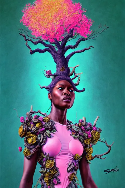 Prompt: illustration neo - rococo cinematic super expressive! yoruba goddess with exoskeleton armor, merging with tree in a forest, pink yellow flowers, highly detailed digital art masterpiece, smooth etienne sandorfi eric zener dramatic pearlescent soft teal light, ground angle hd 8 k, sharp focus