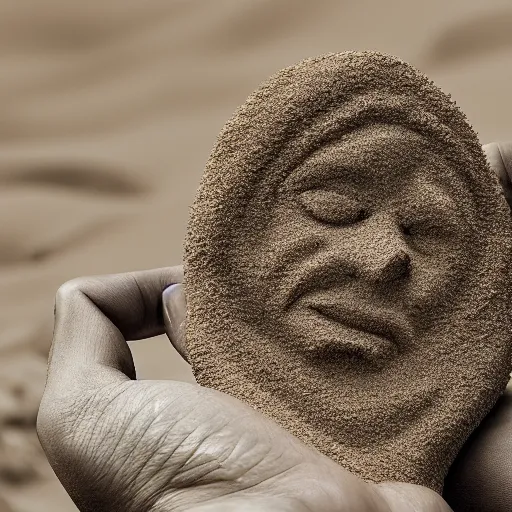 Image similar to hands holding a face made of sand vanishing, photorrealistic, 8 k