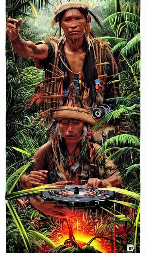 Prompt: an indigenous man deejing with pioneer cdj 3 0 0 0 turntables in the jungle, poster art by daniele caruso, benediktus budi, jason edmiston, vc johnson, powell peralta