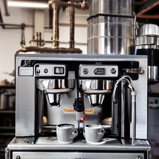 Image similar to an industrial coffee machine with metal plates and pipes