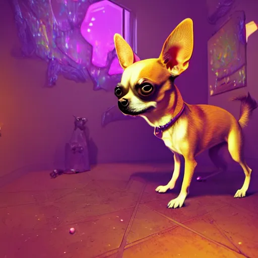 Image similar to a trippy chihuahua living in an extradimensional reality, in the style of wlop, illustration, epic, fantasy, hyper detailed, smooth, unreal engine, sharp focus, ray tracing, physically based rendering, renderman, beautiful