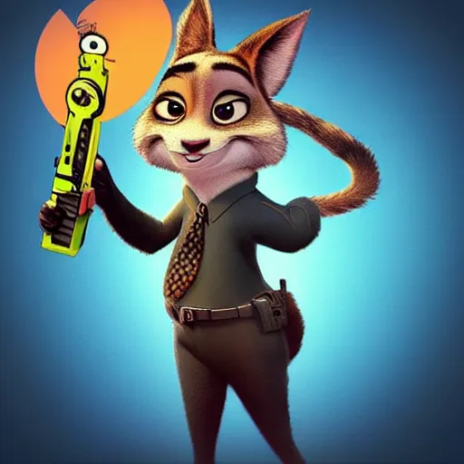 Image similar to “ animal character in the style of zootopia holding laser gun, floating alone, with a black dark background, digital art, award winning, trending on art station ”