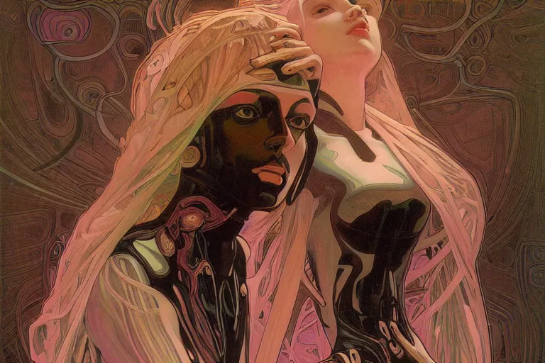 Prompt: symmetric, a dark woman android in a pastel pink dress, in a room full of neural networks and wires and computers, dark sci - fi, ai, 4 k realistic, artem demura. alphonse mucha