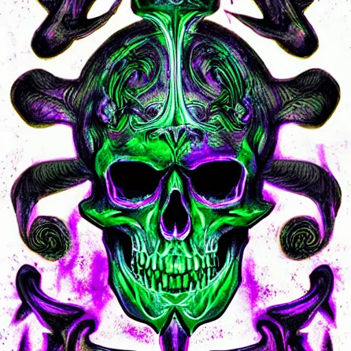 Prompt: arcane ritual skull, occult, black candles with green flames, soft purple light, silver highlights, sigils, glyphs, runes, swirling smoke, surreal lighting, extreme detail, dark art, high constrast