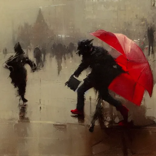 Image similar to ravens attacking man with red umbrella, by jeremy mann.