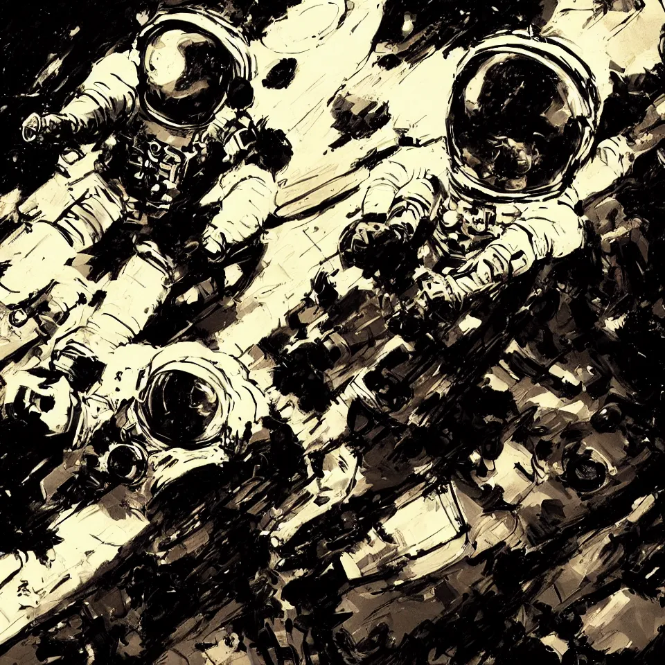 Prompt: an astronaut playing a keyboard by ashley wood, dynamic lighting, cinematic, epic composition, masterpiece