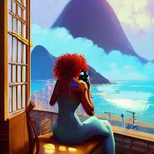 Prompt: lo-fi colorful masterpiece by Greg Rutkowski, WLOP, Dan Mumford, Christophe Vacher, painting, black girl, curly hair, with headphones, studyng in bedroom, window with rio de janeiro view, lo-fi illustration style, by WLOP, by loish, by apofis, alive colors