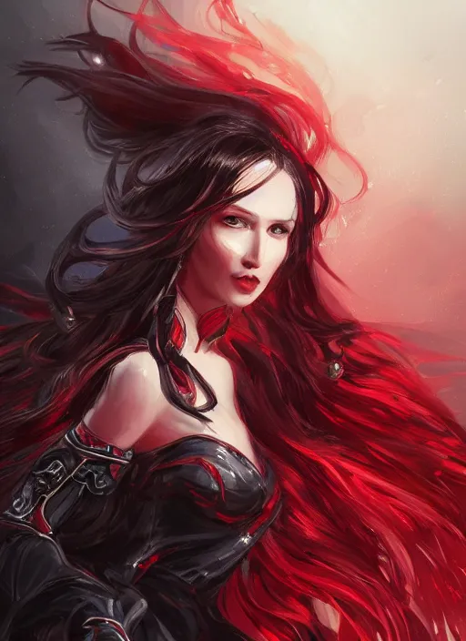 Image similar to a highly detailed illustration of elegant long black haired woman wearing red and black battle dress, heroically posing, with rainbow magic surrounding her, intricate, elegant, highly detailed, centered, digital painting, artstation, concept art, smooth, sharp focus, league of legends concept art, WLOP