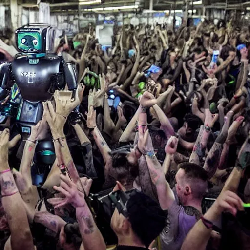 Image similar to robot ravers defending a warehouse from the police