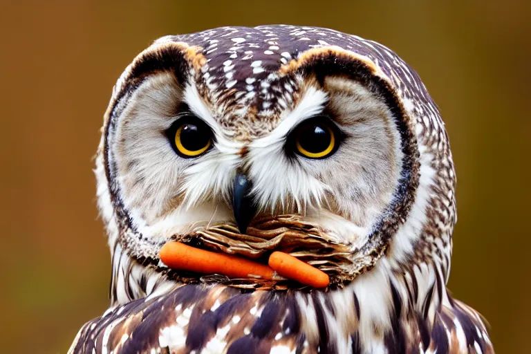 Prompt: scenic photo of an owl eating a carrot. focus on the owl's beak and eye. intricate eye. extremely large wings. extreme detail, hyperrealistic photo