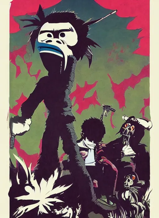 Image similar to gorillaz, official art by jamie hewlett, phase 2, demon days, desaturated colours