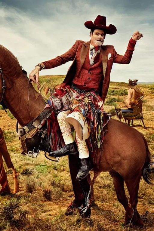 Image similar to dolce & gabbana campaign featuring jim carey as a cowboy, unprocessed colors, # nofilter, shot by annie leibovitz, realistic vfx simulation