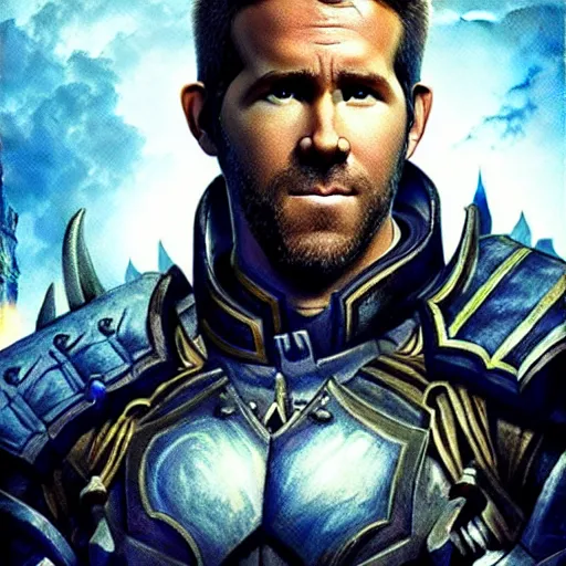 Image similar to Ryan Reynolds as a world of warcraft death knight, no helmet, movie poster