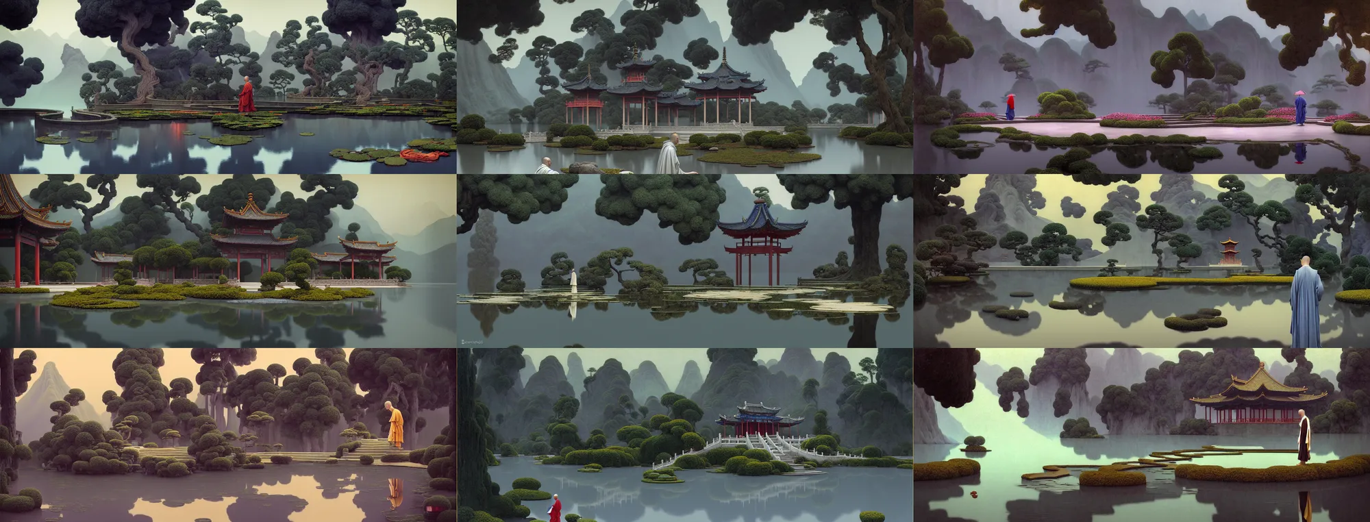 Prompt: a gorgeous landscape painting by barlowe wayne maxfield parrish and marco mazzoni. rainy mood. chinese temple. just one lonely chinese monk in grey blue long gown walks on the winding steps. lotus lake. ultra clear detailed. 3 d, octane render. turbulent blood lake.