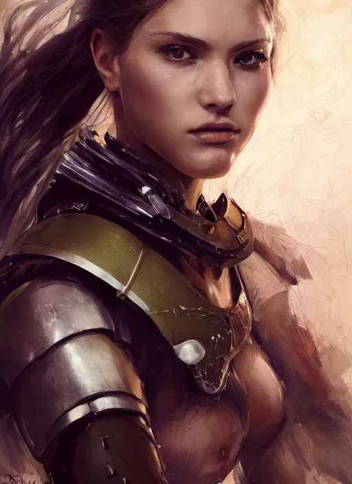 Image similar to a professional photographic portrait of a beautiful young female, partially clothed in battle armor, olive skin, long dark hair, beautiful bone structure, symmetrical facial features, intricate, elegant, digital painting, concept art, smooth, sharp focus, illustration, beautifully framed, from Metal Gear, by Ruan Jia and Mandy Jurgens and Artgerm and William-Adolphe Bouguerea