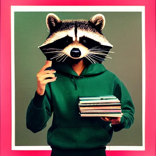 Image similar to medium shot, photo of a person in a detailed hyperrealistic raccoon mask, wearing a dark green hoodie, holding a pile of vinyl records, 8 0 - s, polaroid photo, by warhol,