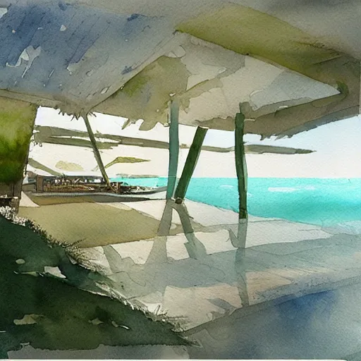 Image similar to watercolor sketch of organic rectangular architecture concept, sea, by greg rutkowski, renzo piano, sketche, villa, people, beach, artistic, ecology, green.