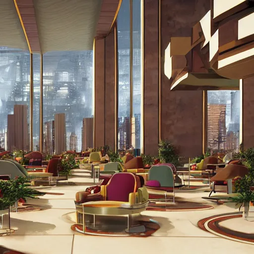 Image similar to the council of all worlds, science fiction, opulent, huge 7 0 s hotel, logan's run, syd mead, retrofuture, octane render