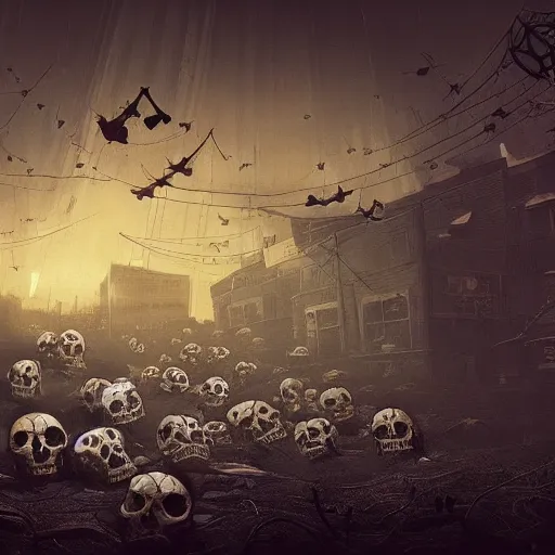 Prompt: ! dream hundreds of glowing skulls hovering over the ground of a post - apocalyptic city, dark, horror, high detail, cinematic lighting