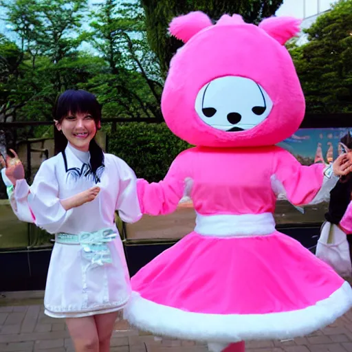 Prompt: a pink cartoon Japanese mascot costume outside a large cardboard castle