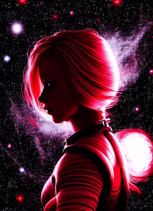 Prompt: highly detailed portrait of a hopeful pretty astronaut lady with a wavy blonde hair, by John Wilhelm , 4k resolution, nier:automata inspired, bravely default inspired, vibrant but dreary but upflifting red, black and white color scheme!!! ((Space nebula background))