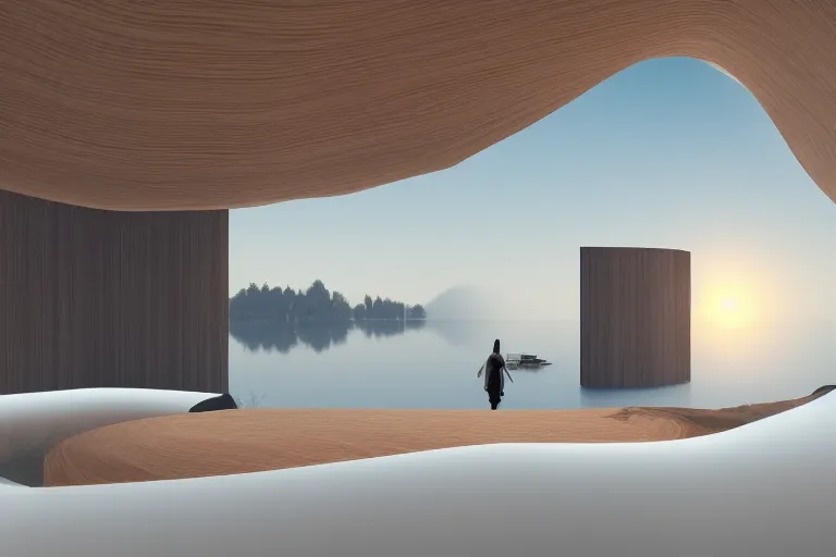 Image similar to a life building formed by the intersection and combination of many white spheres and egg shaped spaces ， by pierre bernard, on the calm lake, people's perspective, future, interior wood, dusk, unreal engine highly rendered, global illumination, radial light, internal environment