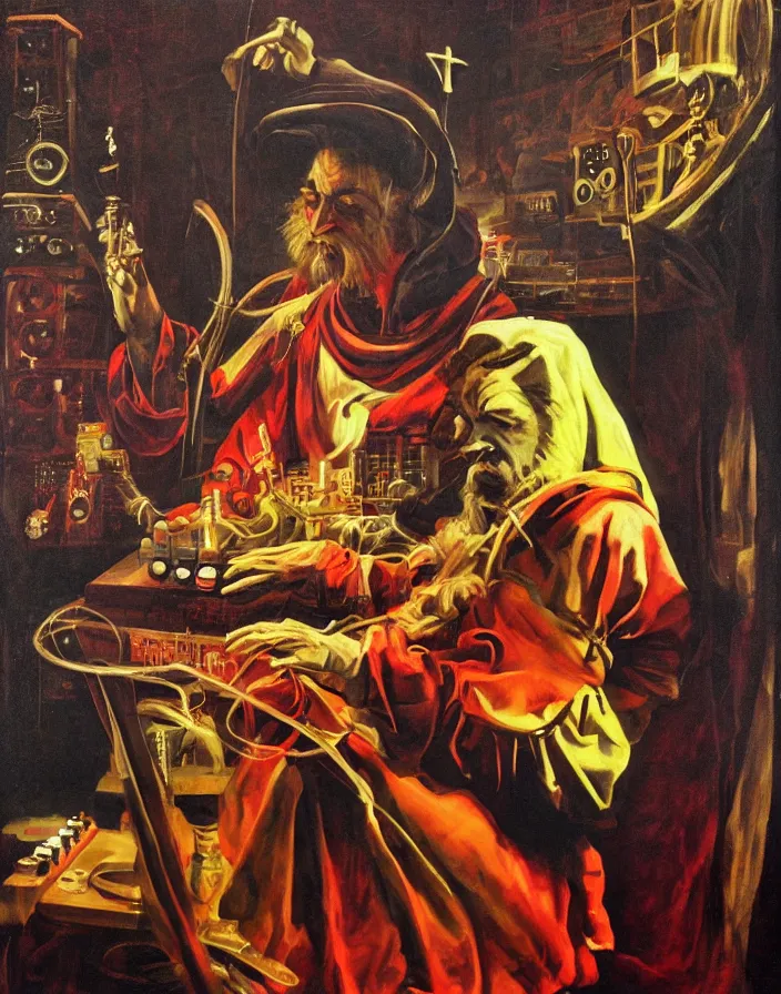 Image similar to chiaroscuro air brush fantasy painting of a medieval court jester playing an ARP 2600 modular synthesizer powered by a tesla coil