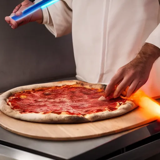 Image similar to a jedi using his lightsaber to cook a pizza, 8 k, cinematic, hd, photorealistic, exquisite detail, kitchen