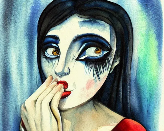 Image similar to a very unique stylize watercolor painting. 3 / 4, medium shot. a straight and long nose, and huge prominent eyes. she is looking at the mirror and crying to the sun. old photograph. sharp image. fellini style. highly detailed, color harmony, art station, ornate, lynch style. old photography