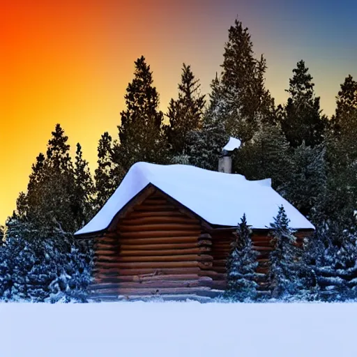 Image similar to cabin in the snowy mountains with wolves in the background under a full moon with pine trees