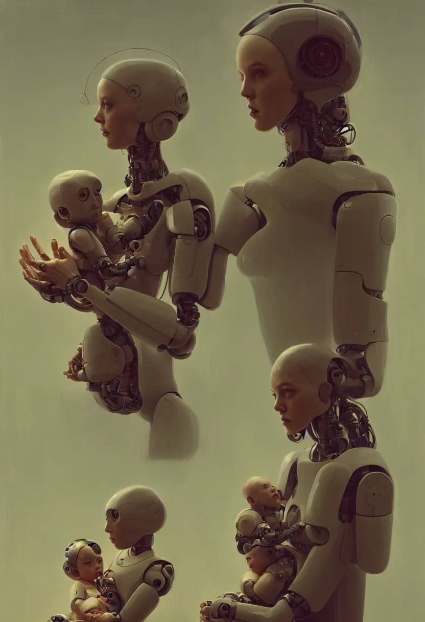 Prompt: female robot, holding young baby, dystopian, future, digital painting, concept art, golden ratio, rule of thirds, by wlop and stalenhag