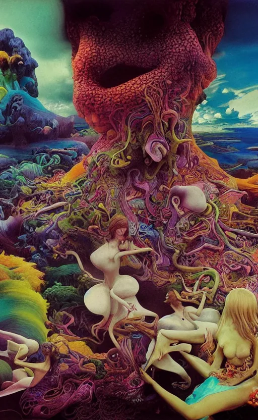 Image similar to ultrawide angle colour masterpiece surreal closeup portrait photography of the beatles playing on stage by miho hirano and annie leibovitz and michael cheval, weird surreal epic psychedelic complex biomorphic 3 d fractal landscape in background by kilian eng and roger dean and salvador dali and beksinski, 8 k