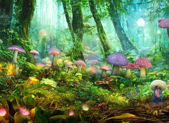 Image similar to glowing delicate flower and mushrooms that grow in a dark fatansy forest on the planet Pandora,