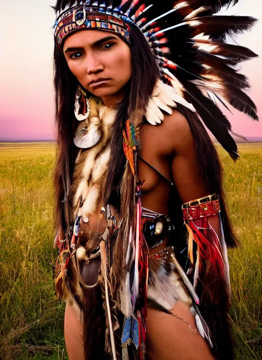 Image similar to hyper detailed photo of an American Indian warrior princess wearing a headdress, in a field with a bison at sunset, long black hair, maximalist, hd, 8k, muted colors,