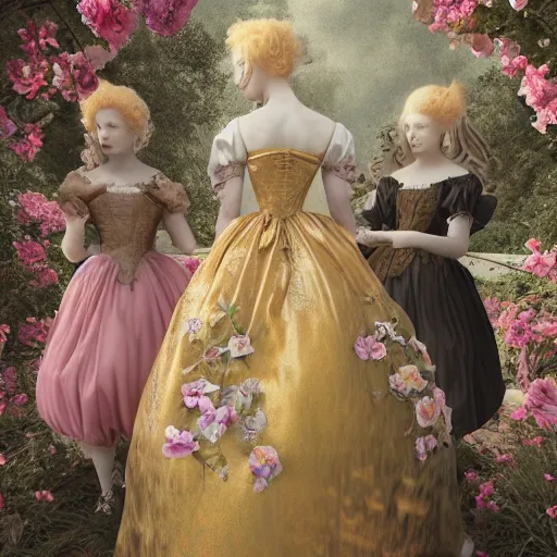 Prompt: 8k, octane render, realism, tonalism, renaissance, rococo, baroque, group of creepy young ladies wearing long harajuku manga dress with flowers and skulls, background chaotic flowers, gold leaf accents