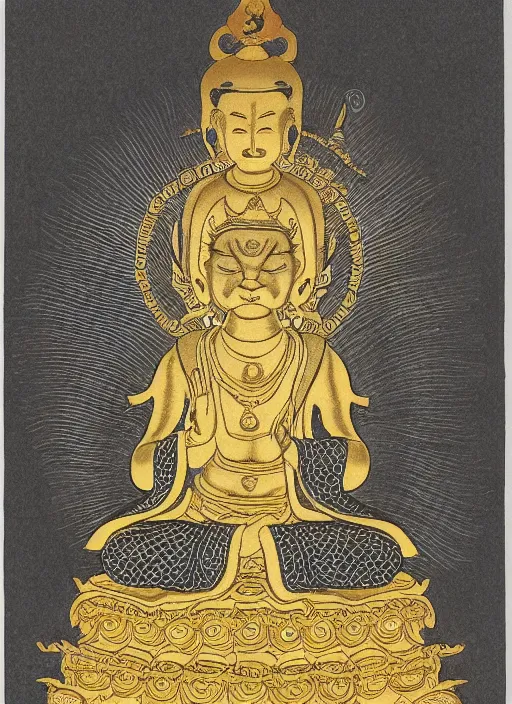 Image similar to detailed pen illustration of an anthropomorphic asian black bears head on Buddhist bodhisattva body, seated in royal ease, 0.1 black micron pen, gilded gold halo behind head, highly detailed, fine pen work, religious iconography, white background