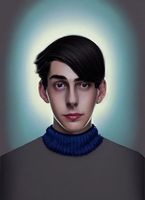 Image similar to portrait of teenage jughead jones wearing a light grey crown, crown, blue turtleneck, 1 9 5 0 s, closed eyes, photorealistic, black hair, glowing lighting, intricate, elegant, glowing lights, highly detailed, digital painting, artstation, concept art, smooth, sharp focus, illustration, art by wlop, mars ravelo and greg rutkowski