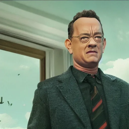 Prompt: still from a movie starring tom hanks with his nose made out of a tomato