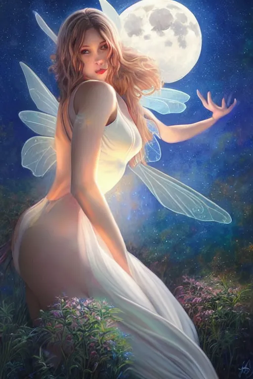 Image similar to attractive fairy magically floating high in the night, fantasy, full moon in background. highly detailed painting by artgerm, mid shot, 8 k