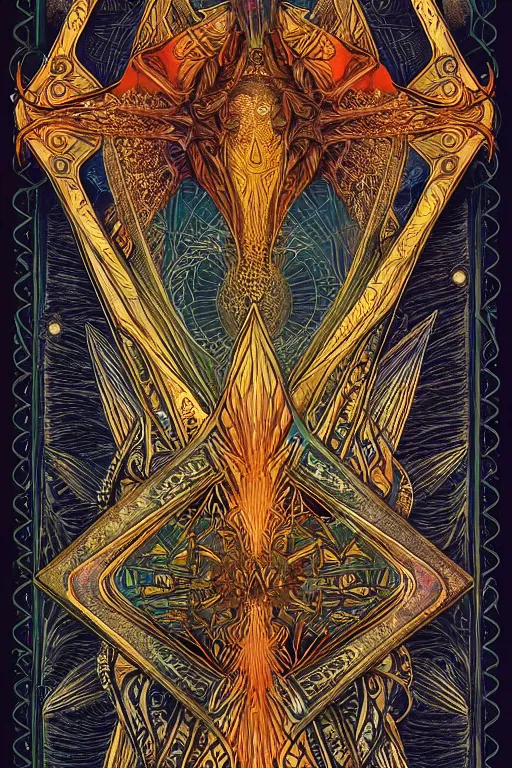 Image similar to a symmetrical tarot card by android jones, ornate border, trending on artstation