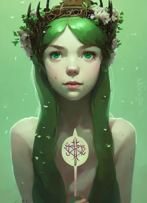 Image similar to portrait of cute fairy girl with crown of flowers covered with rune tattoos, fantasy, by atey ghailan, by greg rutkowski, by greg tocchini, by james gilleard, by joe gb fenton, by kaethe butcher, dynamic lighting, gradient light green, brown, blonde cream and white color in scheme, grunge aesthetic