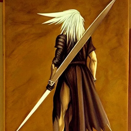 Image similar to Painting of Sephiroth from Final Fantasy 7. Art by Leonardo da Vinci. Extremely detailed. Award winning. 4K.