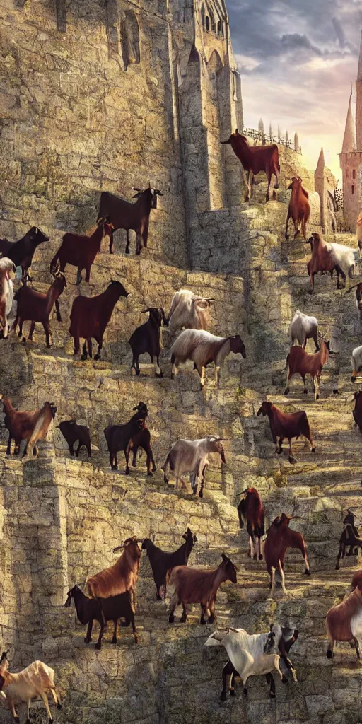 Prompt: a herd of goats! on stairs in a beautiful fantasy cathedral, medieval citadel, medieval castle, many goats, magic, tall towers, gorgeous clouds, colorful, open space, sunrays, digital painting, landscape, octane render, unreal engine, high detail, very realistic