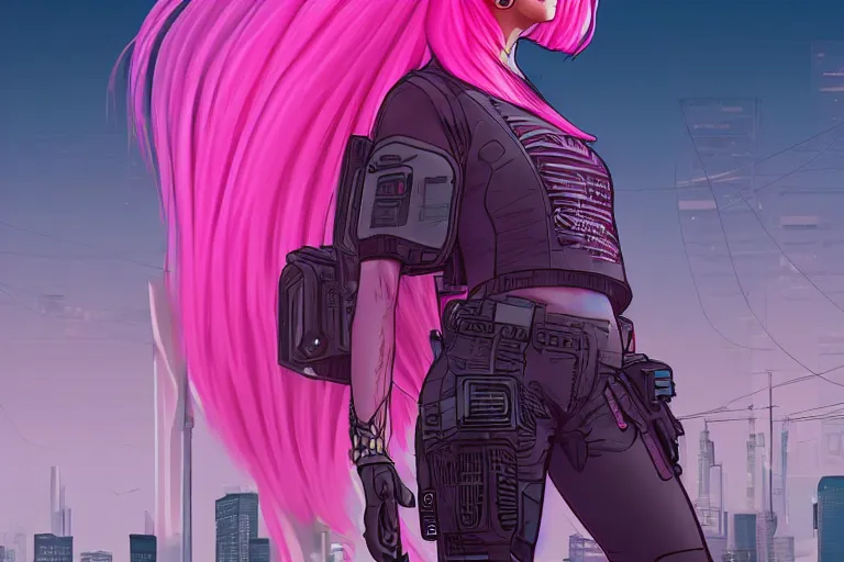 Anime cyberpunk male with pink hair and glasses standing in city