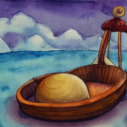 Image similar to a viking snail, on a ship at sea. watercolor painting