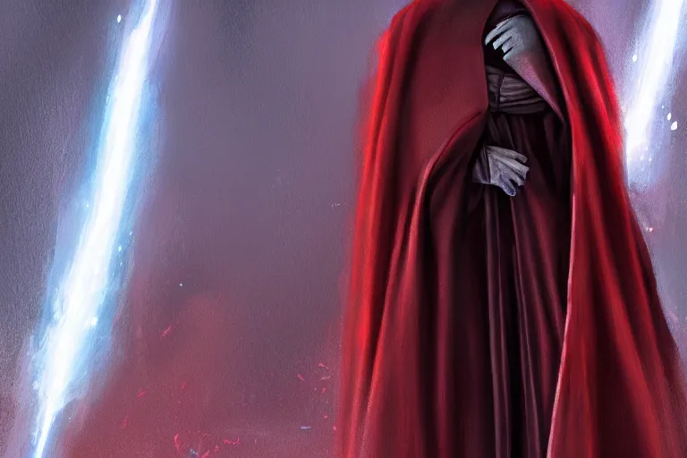 Image similar to emperor palpatine in robes, high detail, digital painting, clear focus, concept art,