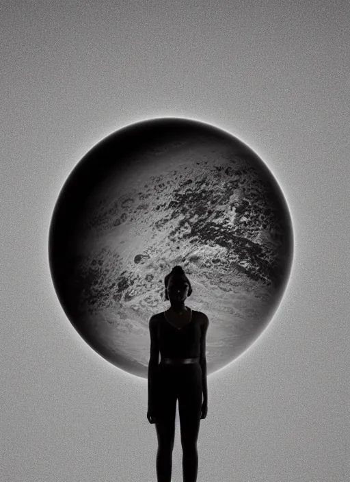 Image similar to symmetry!! a 2 8 mm macro photo of a beautiful young black woman standing in front of a ringed planet with rings in space. cute - fine - face, pretty face, realistic shaded perfect face, dark, concept art, cinematic, dramatic, atmospheric, 8 k, trending on artstation, haze, low visibility, fog, christopher nolan, interstellar