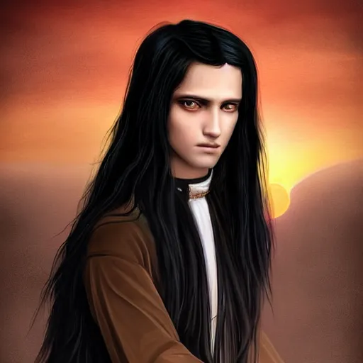Prompt: a young priest with long black hair, fair skin like porcelain, dark melancholic eyes, stunning beautiful. digital art. very detailed. fantasy. sunset.