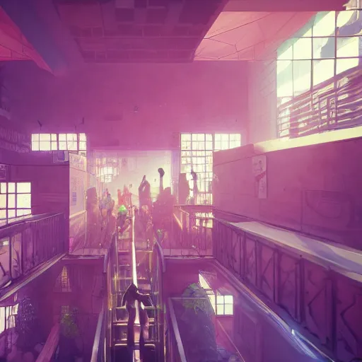 Image similar to people crowds stuck in a building interior, climbing stairs, artstation, neon lighting, unreal engine.