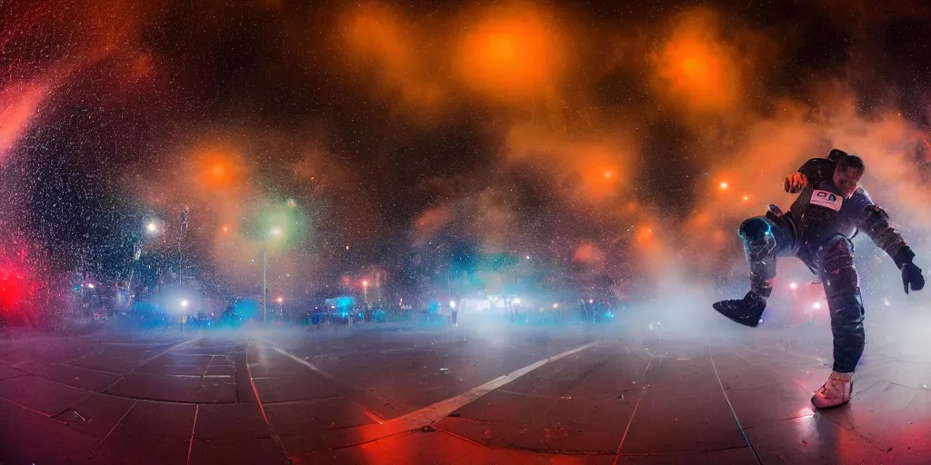 Image similar to fisheye lens trail effect of astronauts doing break dance, long exposure shot , foggy night in the middle of a rainy street with colorful rim lights, paddle of water water splashes, glossy reflections, water droplets on lens, tongue of fire, detailed and soft, fisheye lens, smooth, sharp focus, professional photoshoot, film grain, film look, inspired by blade runner